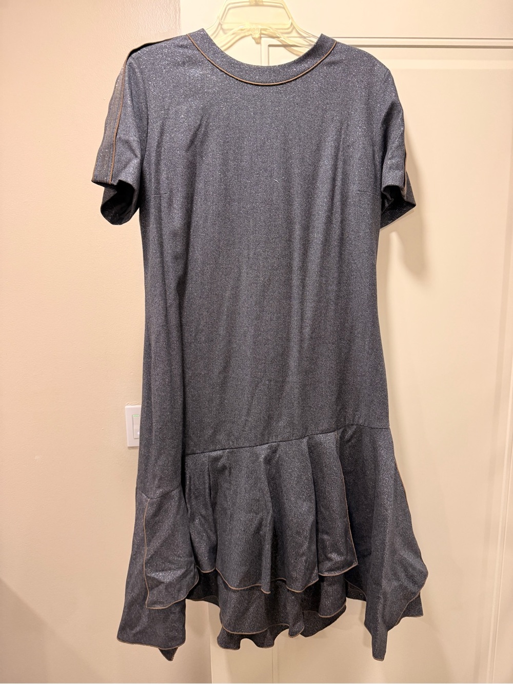 Brunello Cucinelli Metallic Charcoal Short Sleeve Ruffle-Hem Dress